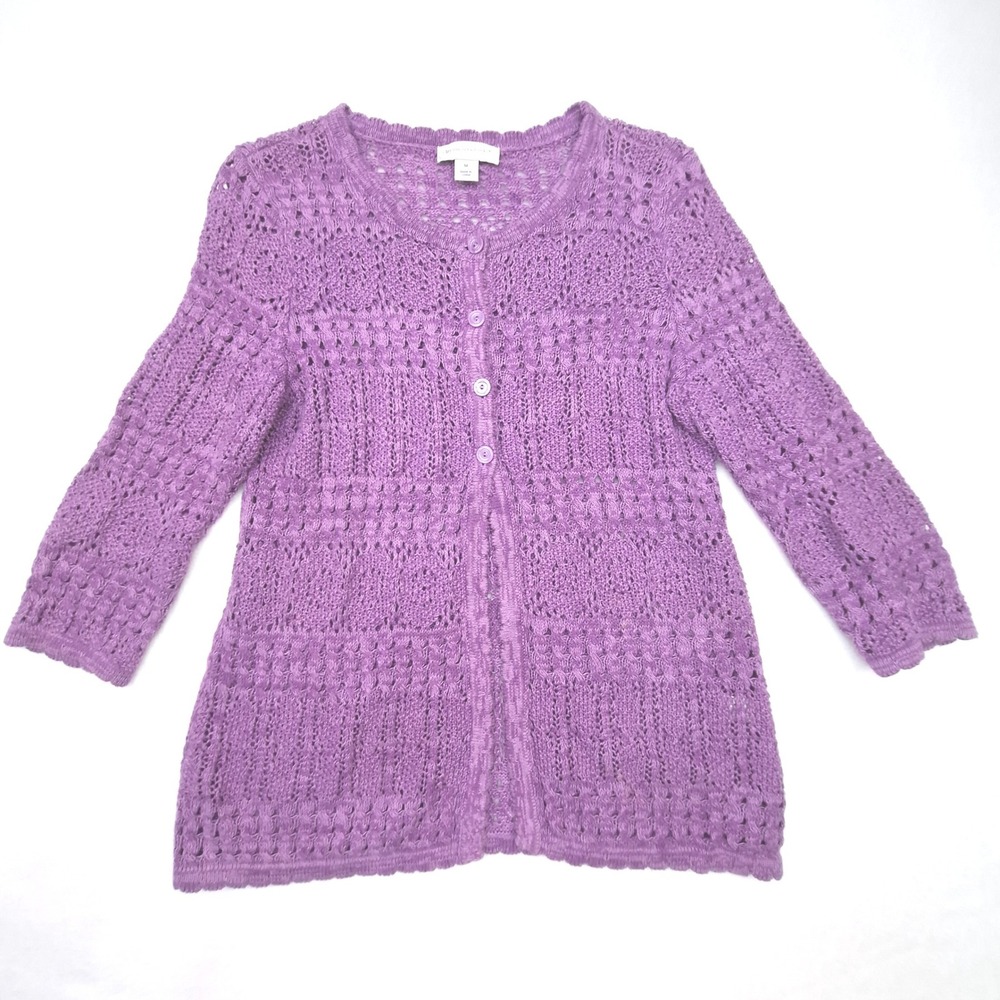 Christopher Banks Cardigan Womens Medium Purple Open Knit Pointelle 3/4 Sleeve
